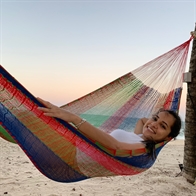 Small and Medium one person size hammock from Mexico in fine cotton net. No. 3 Colored Stripes blue green red shades