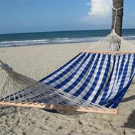 Trendy squared hammock in blue and off white with wooden spreader bars. No. TQ643