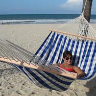 Trendy squared hammock in blue and off white with wooden spreader bars. No. TQ643