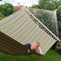 PRO outdoor hammock with 160cm wide wooden spreader bars. Colorful striped fabric for outdoor use. No. VTQ706