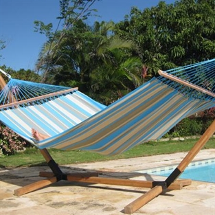 Exclusive Hammock beige, turquoise and dusty green outdoor fabric hammock with 160 cm wide wooden spreader bars. No. VTQ603-PRO