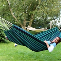 Fabric hammock with green-blue stripes