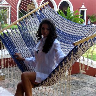 Mexican Hammock with spreader bars in natural white and blue cotton net with details and handwork